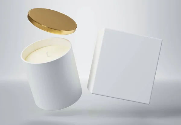 白色陶瓷玻璃瓶蜡与金盖子和盒子3D渲染模型 浮动香味蜡烛容器的设计和品牌准备模板的灰色背景 — 图库照片