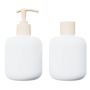 İki bakım ürünü şişesi 3D hazırlama modeli, plastik losyon makinesi ve beyaz arka planda izole edilmiş şampuan şişesi, kozmetik ambalaj tasarımı hazır şablon