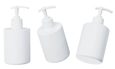 Kozmetik dağıtıcı modelleme 3D, beyaz plastik ürün şablonu beyaz arka plan, duş jeli ve sıvı sabun paketleme seti izole