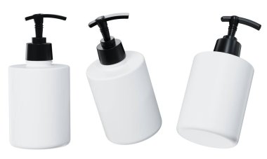 Kozmetik dağıtıcı modelleme 3D, beyaz plastik ürün şablonu beyaz arka plan, duş jeli ve sıvı sabun paketleme seti izole