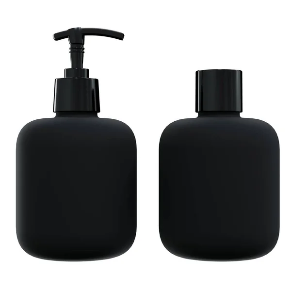 stock image Set of two care product bottles 3D render mockup, black plastic lotion dispenser and shampoo bottle isolated on white background, cosmetic packaging design ready template