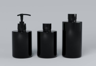 Üç farklı siyah kozmetik ürün şişesi gri arka plan şablonu 3 boyutlu şekil, saç ve vücut bakımı sıvı pasaj kavanozları, plastik şeker kutusu ve şampuan kabı.