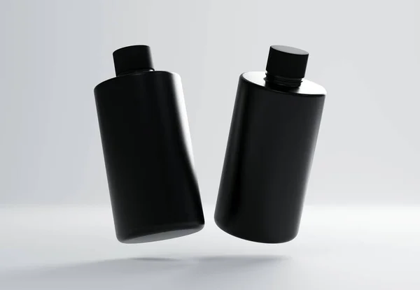 两个塑料洗发水瓶漂浮在灰色背景3D渲染模型 头发和身体护理产品包装商业模板的品牌和可视化 — 图库照片