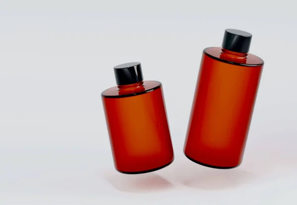 Две Пластиковые Бутылки Шампуня Плавающие Сером Фоне Рендеринг Макет Волосы — стоковое фото