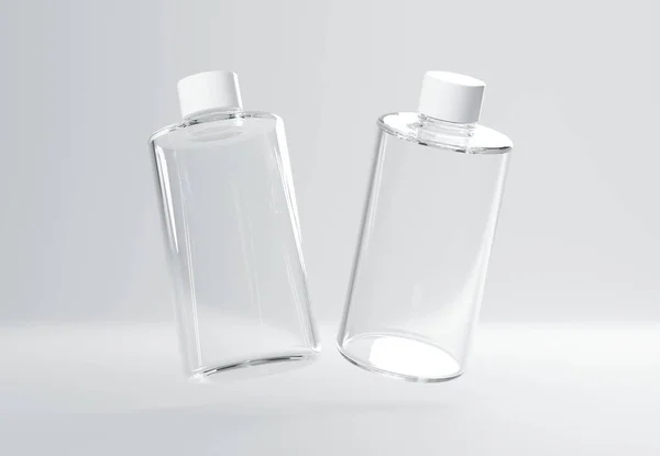 グレーの背景に浮かぶ2つのプラスチックシャンプーボトル3Dレンダーモックアップ ボディケア製品ブランディングと視覚化のための商業テンプレートをパッケージ化 — ストック写真