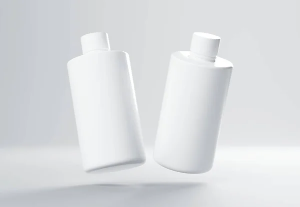 Dwie Plastikowe Butelki Szamponu Pływające Szarym Tle Renderowania Makieta Produkty — Zdjęcie stockowe