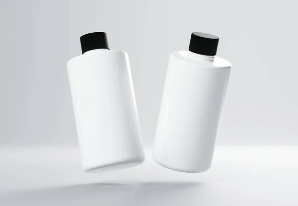 两个塑料洗发水瓶漂浮在灰色背景3D渲染模型 头发和身体护理产品包装商业模板的品牌和可视化 — 图库照片
