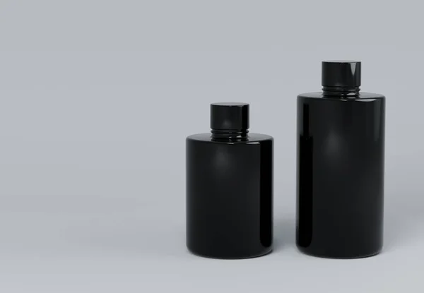 Dvě Černé Plastové Šampon Láhve Stojící Šedém Pozadí Vykreslení Obchodní — Stock fotografie