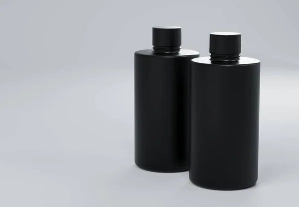 Δύο Μαύρες Πλαστικές Φιάλες Σαμπουάν Στέκεται Γκρι Φόντο Καθιστούν Επιχειρηματικό — Φωτογραφία Αρχείου