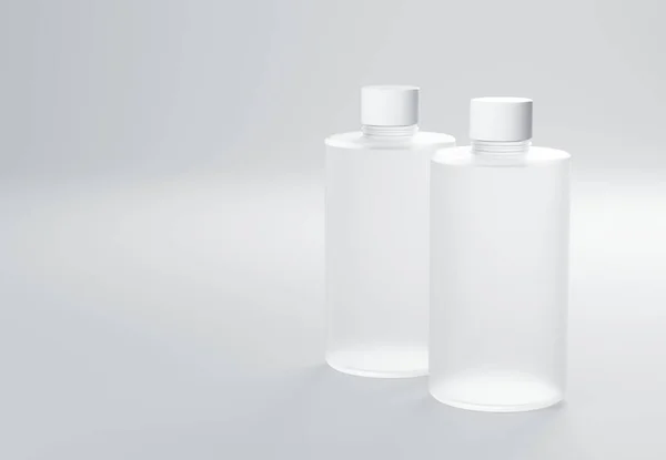 グレーの背景に立つ2つのフロストガラスシャンプーボトル3Dレンダリングビジネステンプレート ヘアケア製品ブランディングと視覚化のための商業モックアップをパッケージ化 — ストック写真