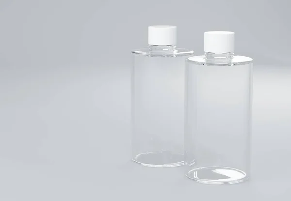 Дві Прозорі Пластикові Пляшки Шампуню Стоять Сірому Фоні Бізнес Шаблон — стокове фото