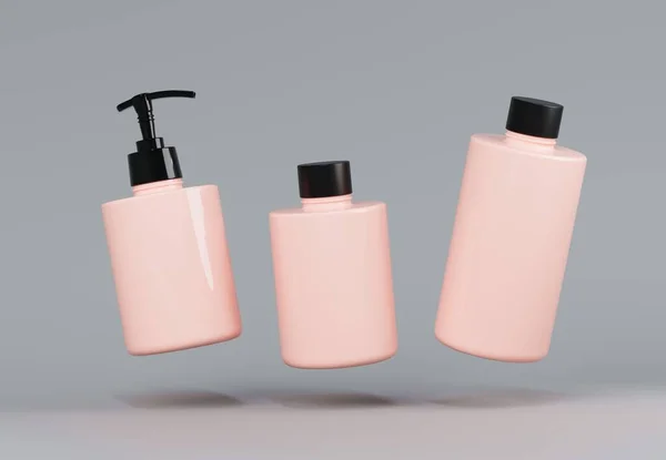 Trois Différents Produits Cosmétiques Plastique Rose Flacons Flottants Mis Modèle — Photo