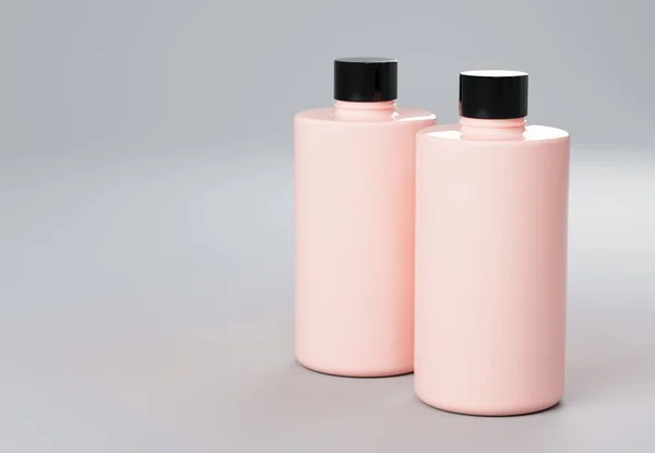 Dvě Růžové Plastové Šampon Láhve Stojící Šedém Pozadí Vykreslení Obchodní — Stock fotografie