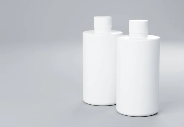 Dvě Bílé Plastové Šampon Láhve Stojící Šedém Pozadí Vykreslení Obchodní — Stock fotografie