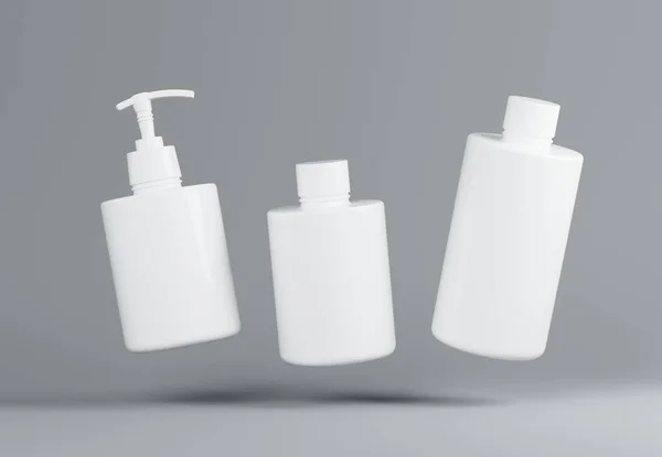 Tři Různé Bílé Plastové Kosmetické Přípravky Plovoucí Láhve Nastavit Šablonu — Stock fotografie