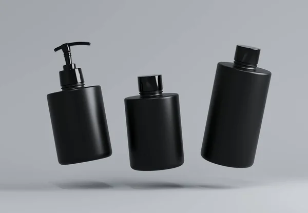 Três Diferentes Frascos Plástico Preto Modelo Conjunto Garrafas Flutuantes Fundo — Fotografia de Stock