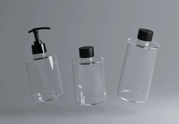 Три Различных Прозрачных Пластиковых Косметических Продуктов Плавающие Бутылки Набор Шаблон — стоковое фото