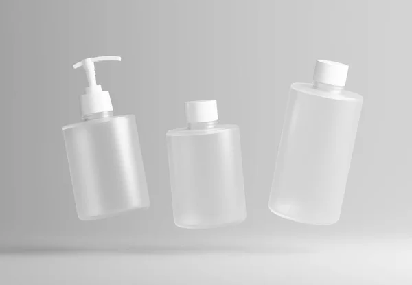 3つの異なるフロストガラス化粧品製品フローティングボトルセットテンプレートグレーの背景3Dレンダリング ボディケア液体包装瓶モックアップ プラスチックディスペンサー シャンプーコンテナ — ストック写真