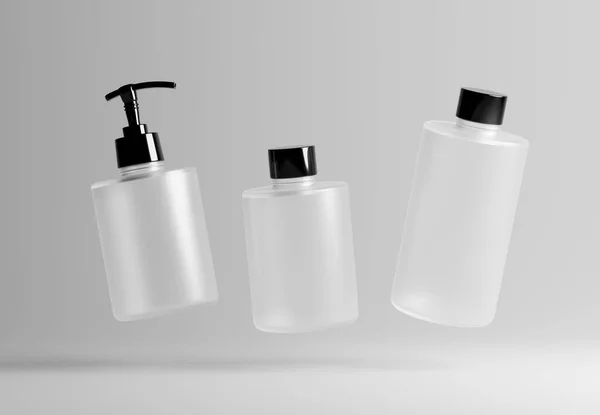 グレーの背景に3つの異なるプラスチック化粧品製品フローティングボトルセットテンプレート3Dレンダリング 髪とボディケア液体包装瓶モックアップ プラスチックディスペンサーとシャンプー容器 — ストック写真