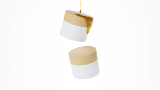 Two Floating Cosmetic Jars Wooden Lids Liquid Honey Cream Flowing — Stock Video
