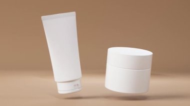 Plastik kozmetik krem tüpü ve kavanoz modeli kahverengi arkaplan hareketinde dönüyor. 3 boyutlu şekil, cilt ürünleri kabı şablonu, güzellik markası ambalajı