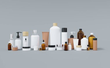 Group of different cosmetic bottles and jars 3D render, many plastic and glass beauty products packaging templates, trendy skin care and treatment background