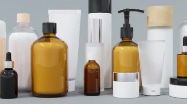 Group of different cosmetic bottles and jars 3D render, many plastic and glass beauty products packaging templates, trendy skin care and treatment background