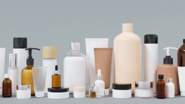 Group of different cosmetic bottles and jars 3D render, many plastic and glass beauty products packaging templates, trendy skin care and treatment background
