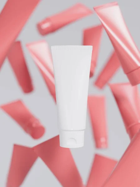 Kosmetická Krém Trubice Plovoucí Abstraktní Rozostřené Pozadí Krása Péče Produkt — Stock fotografie