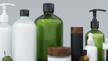 Farklı cam ve plastik kozmetik şişeleri ve kavanozlardan oluşan bir grup 3D üretici, fotokopi alanı, modaya uygun cilt bakımı ve tedavi arka planına sahip birçok güzellik ürünü.