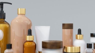 Farklı bej ve kahverengi cam ve plastik kozmetik şişeler ve kavanozlar, kopyalama alanı, modaya uygun cilt bakımı ve tedavi arka planına sahip birçok güzellik ürünü.