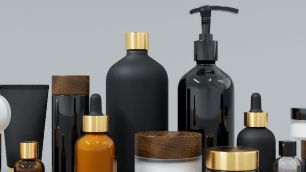 一组不同的黑色和金色玻璃瓶和塑料化妆品瓶和罐子3D渲染 许多美容产品包装与复制空间 时尚的皮肤护理和处理背景 — 图库视频影像