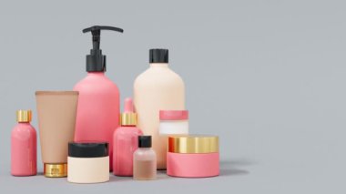 Farklı pembe ve bej camlar ve plastik kozmetik şişeler ve kavanozlar, kopyalama alanı, modaya uygun cilt bakımı ve tedavi geçmişi olan birçok güzellik ürünü.
