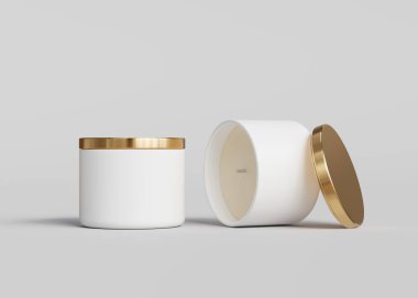 Altın kapaklı iki beyaz seramik mum kavanozu, gri arkaplandaki mum paketleme şablonu 3D