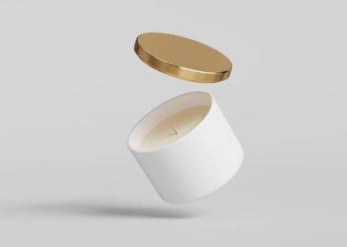 Beyaz seramik mum kavanozu altın kapağı açık yüzen maket, konteyner mum paketleme şablonu gri arkaplan 3D render