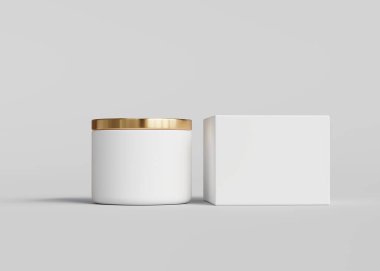 Altın kapaklı beyaz seramik mum kavanozu ve boş kutu öngörünümü modeli, konteyner mum paketleme şablonu gri arkaplan 3D render