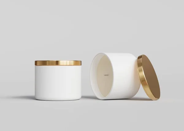 两个装有金盖子的白色陶瓷烛瓶模型 灰色背景下的容器烛盒模板3D渲染 — 图库照片