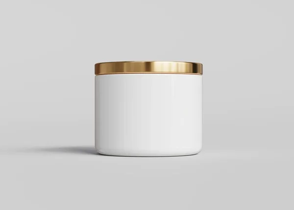 Biały Ceramiczny Słoik Świece Złotą Pokrywą Przednią Makietą Szablon Opakowania — Zdjęcie stockowe