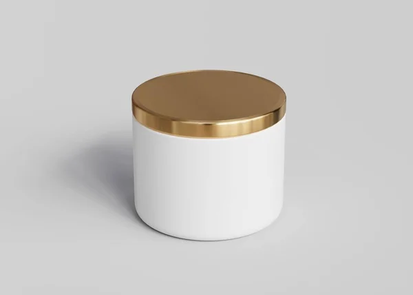白色陶瓷灯笼 金盖造型 灰色背景下的容器蜡烛包装模板3D渲染 — 图库照片
