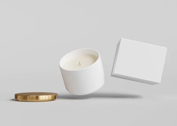 白色陶瓷烛瓶 带有金盖子和空盒子浮动设计 现成的模型 灰色背景下的容器烛盒模板3D渲染 — 图库照片