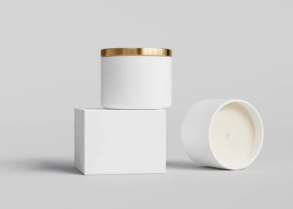 Λευκό Κεραμικό Βάζο Κεριών Χρυσό Καπάκι Και Άδειο Κουτί Μπροστά — Φωτογραφία Αρχείου