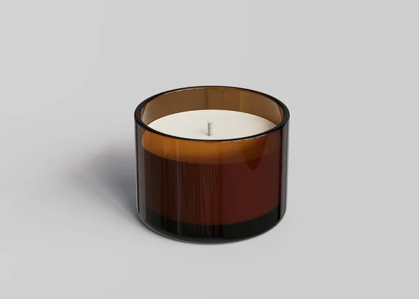 Bernsteinglas Kerzenbehälter Attrappe Auf Grauem Hintergrund Render Aromatische Kerzenverpackungsschablone Designfertige — Stockfoto