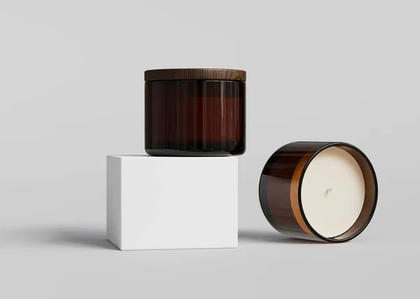 琥珀色玻璃瓶蜡烛容器和白色纸盒造型灰色背景3D渲染 芳香蜡烛包装模板 设计现成的产品特写 — 图库照片