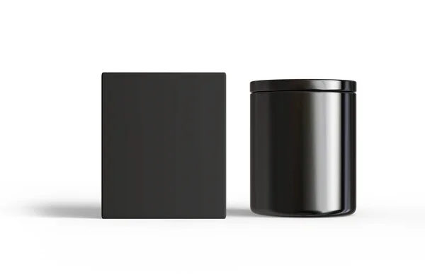 透明底座上有盖和盒子隔离的黑色陶瓷蜡烛罐 容器蜡烛模型 可设计的蜡烛模板 — 图库照片