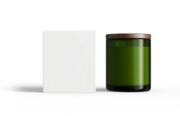 绿色玻璃瓶 有盖和盒子隔离在透明的背景下 容器蜡烛模型 设计就绪的蜡烛模板 — 图库照片