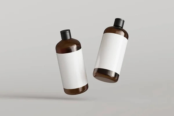 Two Brown Plastic Cosmetic Containers Labels Shampoo Bottles Floating Gray — Stock Photo, Image