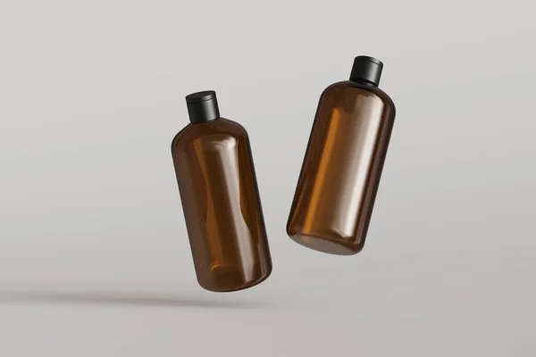 Два Коричневых Пластиковых Косметических Контейнера Бутылки Шампуня Плавающие Сером Фоне — стоковое фото