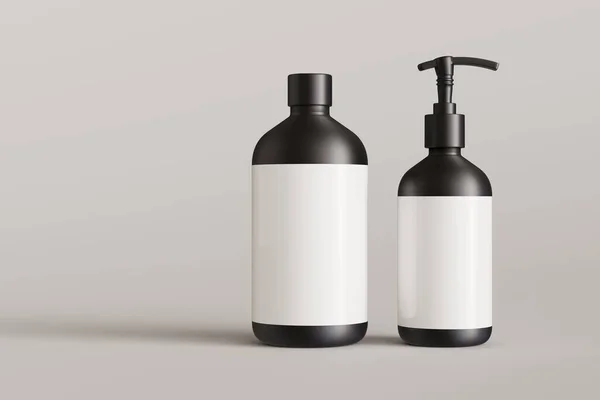 Zwei Schwarze Kosmetikbehälter Mit Etiketten Shampoo Flasche Und Seifenpumpe Auf — Stockfoto