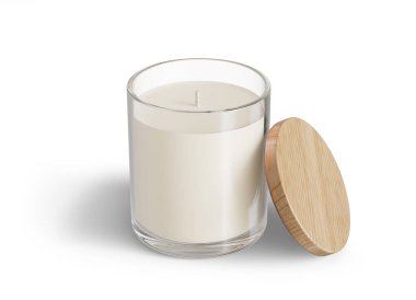 Minimalist mum maketi, cam mum kavanozu, ahşap kapağı açık tasarıma hazır 3D tasarım şablonu beyaz arka planda izole edilmiş.