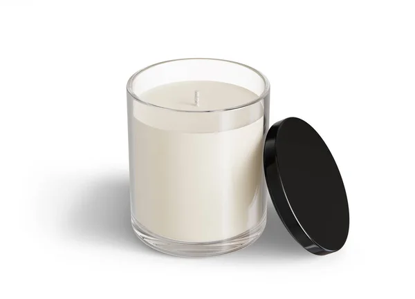 Minimalist Candle Mockup Clear Glass Candle Jar Glossy Black Lid — Stock Photo, Image
